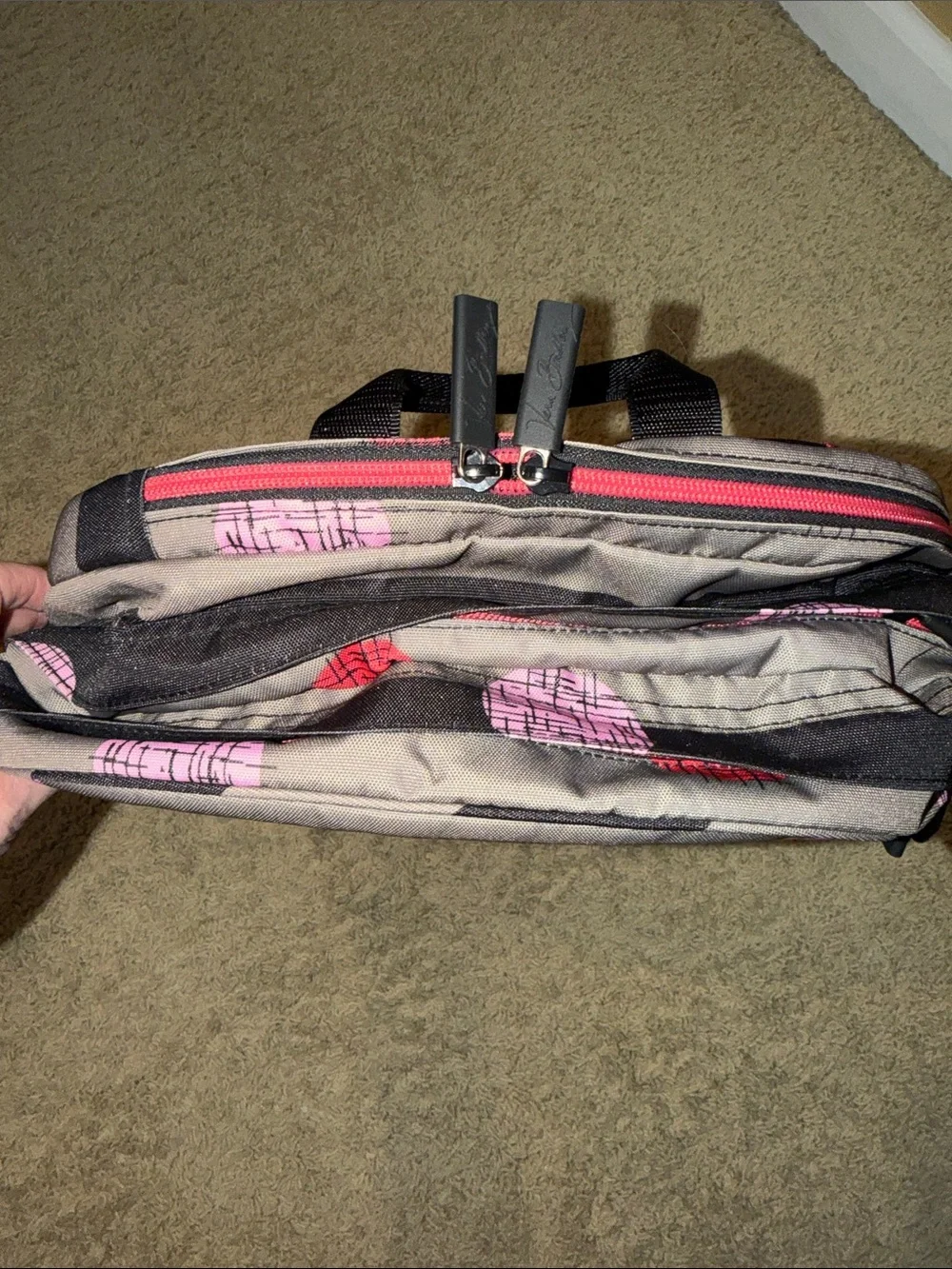 Vera Bradley Black & Gray Striped Backpack with Pink and Red Dot Pattern